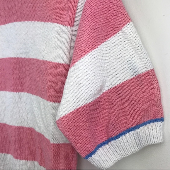 VTG Eddie Bauer Short Sleeve Sweater Made in USA Pink Stripe Half Button - Picture 10 of 14